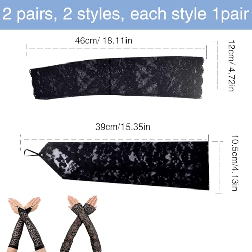 2 Pairs Black Lace Gloves for Women, Long Fingerless Evening Gloves Floral Elbow Length Arm Sleeves for Hallowween, Christmas, Wedding, Bridal, Prom, Y2K, Christmas Party, Burlesque, Gothic Costume2