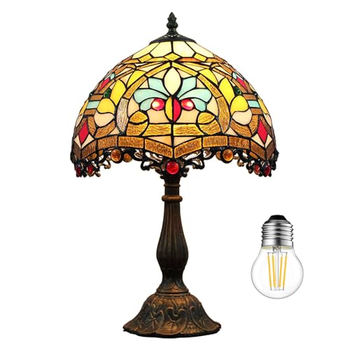 Kinbolas Lámpara de mesa estilo Tiffany de 12 ', pantallas de vidrio teñido, lámpara de noche, lectura, sala de estar antigua, dormitorio, oficina, Art Deco Vintage victoriano