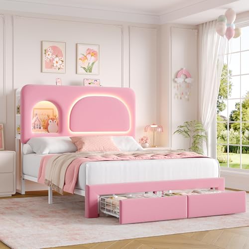 Image of Keyluv Full Size LED Bed Frame for Grils with Storage Bookcase Headboard&Charging Station, Velvet Upholstered Platform Bed with 2 Large Drawers&USB Ports, Sturdy Metal Support, No Box Spring Need,Pink