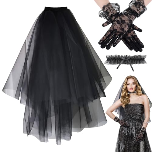 Hwanme 3 PCS Black Bride Veil Kit with Black Lace Gloves Lace Garter Hen Party Accessories