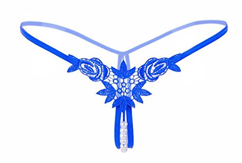 BROWOL Lencería bordada para mujer con perlas sexys, de talle bajo, de flores, de perspectiva, de talla única, azul, Talla única