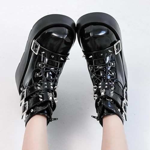 ZKXYFFS Womens Goth Ankle Booties Chunky High Heel Lace Up Zipper Combat Boots Punk Rivet Boots Motorcycle Platform Boots for Women4