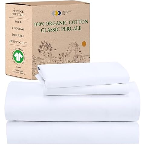 California Design Den 100% Organic Cotton Sheets for King Size Bed, Percale Deep Pocket King Sheets, GOTS Certified Percale Sheets, Hotel Sheets, King Size Sheets, White Sheets Cover