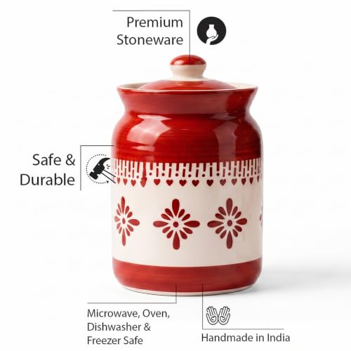 Image of D'Maiolica Ceramic Handmade Pickle Jars in 1000ml (set of 2) | Floral Bale 1 kg Achaar Martban | Ceramic Jadi for Kitchen Storage (Set of 2) | Jars for Achar, Spices, Salt (Royale Red Heartline)