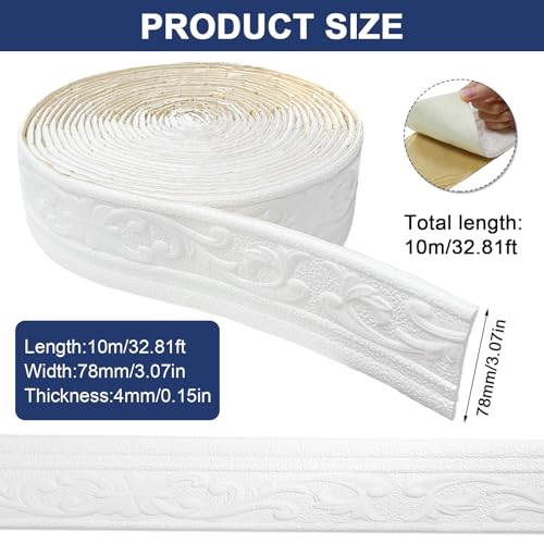 Bordüre Selbstklebend Weiß - 10m x 8cm x 5mm - 3D Stuckleisten Wand, Zierleisten Selbstklebend, Wasserdicht Wandbordüre, Leisten Selbstklebende, Roll Border Trims für Ecken Linien Decken Dekoration