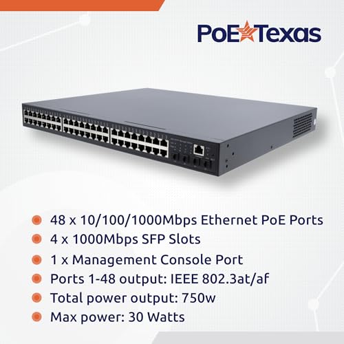 Image of PoE Texas 48 Port PoE+ Switch - Layer 2 Managed 48 Port Gigabit Switch (IEEE 802.3at) 30W Per Port, 750W Total Power Over Ethernet for Intelligent Buildings with Smart Support, IGMP, VLAN, QoS, DHCP