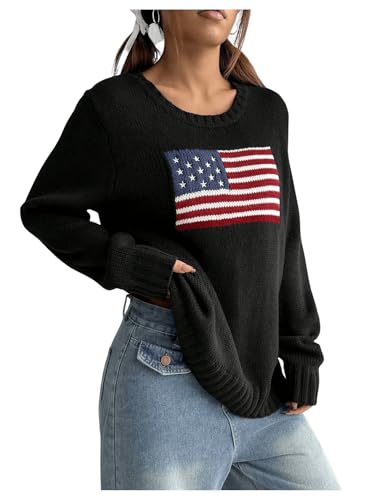 Image of SweatyRocks Women's Flag Pattern Long Sleeve Round Neck Sweater Casual Loose Pullover Sweater