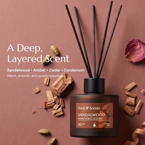Image of Soul & Scents 120ml Reed Diffuser Set Sandalwood | Long Lasting Home Air Freshener | 6 Fiber Sticks | Gifting | Fragrance for Bedroom Bathroom Living Room | Aromatherapy Relaxing Soothing Aroma
