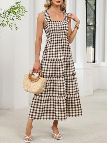 Image of Caracilia Womens Summer Maxi Dresses Floral Smocked Sleeveless Ruffle Boho Casual Flowy Aline Beach Vacation Long Sundress