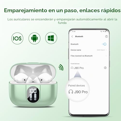 Miniatura 6 de Csasan Auriculares Inalambricos, Auriculares Bluetooth 5.3 Hifi Estéreo Con Hd Micró, Pantalla Led Cascos Inalambricos Reproducción De 40h, Control Táctil, Ipx7 Impermeable, Carga Rápida Usb-C Verde