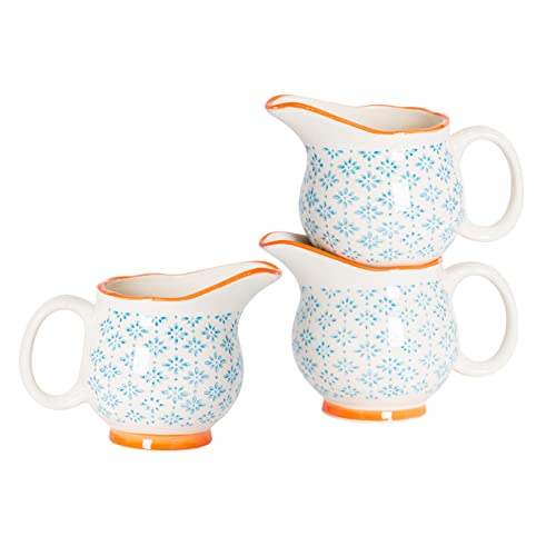 Nicola Spring Hand-Printed Milk Jugs - 300ml - Pack of 6 - Blue Decorative Porcelain Dishwasher Safe Floral Pattern Tableware Cappuccino Coffee Milk Pitcher Jugs with Handle