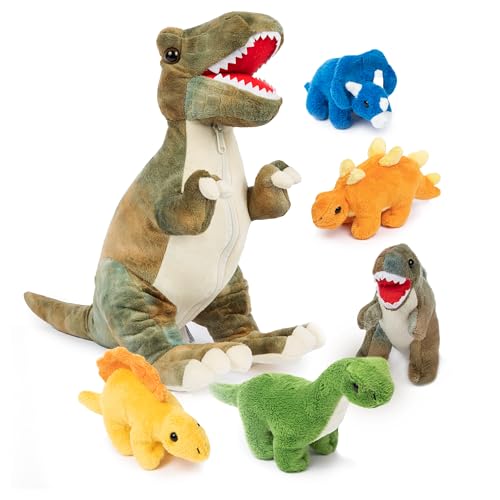 PREXTEX Dinosaur Stuffed Animal Set - Mommy T-Rex with 5 Plush Baby Dinosaurs Inside - Soft Dinosaurs Plush Toys for Kids 3 and Up - Portable Dinosaur Pillow Gift for Boys and Girls - Zipper Storage