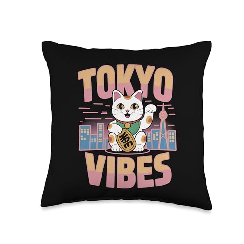 Tokyo Vibes Lucky Cat Japanese Aesthetic Throw Pillow