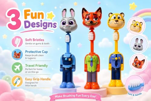 Image of Kids Rabbit Character Toothbrush with Soft Bristles and Protective Cap, Cute Animal Theme, Travel Friendly, for Boys and Girls, Inspired by Zootopia
