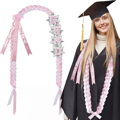 Knitgrip 63 Graduation Ribbon Lei Necklace Class of 2026 Handmade Double Braided Money Lei with Tassel Graduation Gifts(Pink White)