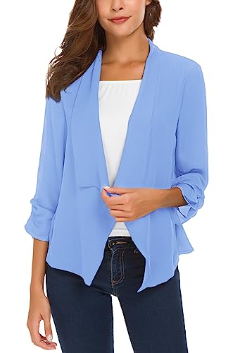 Women's Ruched Sleeve Lightweight Thin Chiffon Blazer, Light Blue, X-Large