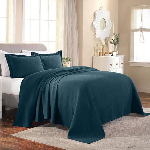 Superior Cotton Fleur De Lis Bedspread Set, Warm Blankets, All-Season Bedding, Bedroom Decor, Decorative Boho Medallion Coverlet, Includes 1 Bedspread, 2 Pillow Shams, Queen, Deep Sea
