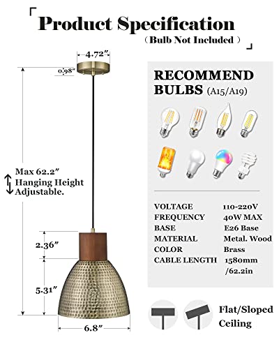 Elyona Pendant Lights For Kitchen Island, Rubber Wood 6.8” Vintage Hammered Metal Hanging Light Fixtures, Adjustable Height, Antique Gold Pendant Lamp For Farmhouse, Dining Room, Brushed Brass, 3 Pack #TOP4