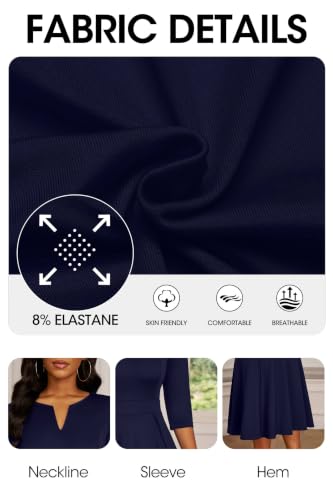 Image of Nmoder Midi Church Dress for Women A-Line Casual Work Dress | Flattering high-waist, 3 /4 sleeve work wedding guest dress with pockets, back zipper for easy on /off