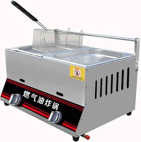 Freidora Comercial con Cesta Y Cubierta, Encimera De Freidora De Gas De Acero Inoxidable para Uso Comercial Y Doméstico, 6L+6L+1XFried Basket