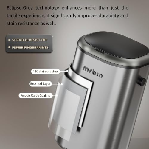 Image of MRBIN Stainless Steel Motion Sensor Tall Bathroom Trash Can with Lid, 5 Gallon Automatic Kitchen Garbage Pail, Electric Covered Silver Metal Waste Basket for Bedroom, Rv, Restroom, Eclipse Grey
