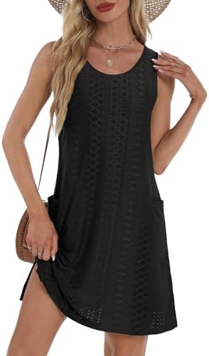 BKRIVE Coverup Summer Dresses for Women 2026 Eyelet Casual Loose Sleeveless Sundresses Tank Dresses with Pockets, Black, L