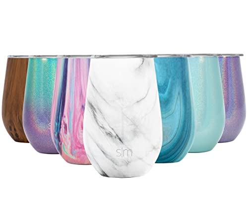 Simple Modern Wine Tumbler with Press-In Lid | Vacuum Insulated 12oz Stemless Glass Cup or Coffee Mug with Lid | Spirit Collection | Carrara Marble