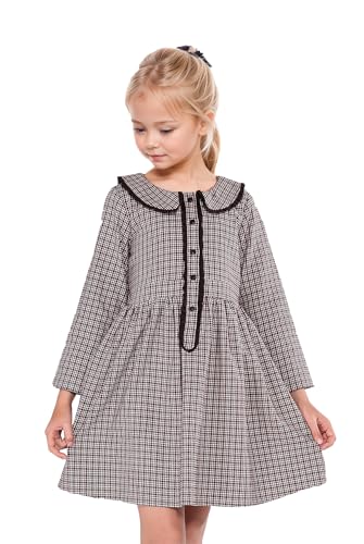 solomate Girl's Peter Pan Collar Cotton Plaid Dress Ruffled Trim Gingham Dress with Shell Buttons for Kid