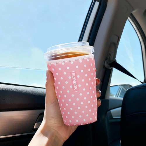 Image of Reusable Insulated Sleeve for Iced Coffee Cup, 3-Pack Coffee Neoprene Drink Sleeve for Cold & Hot Drinks, Beverage Holder for Iced Coffee (Pink Polka Dots)