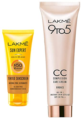 Image of LAKME 50 Spf Sun Expert Tinted Sunscreen Cream (50 G) For All Skin type & 9 To 5 Cc Cream, 03 - Bronze, Spf 30 - Tinted Moisturizer To Brighten Skin, Conceal Dark Spots, 30 G
