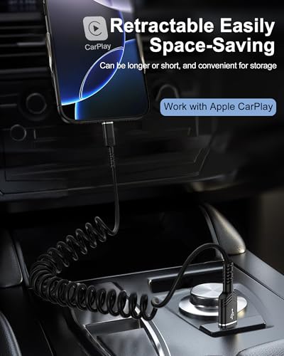 USB to USB C Cable Coiled Auto Wire, Type C Car Phone Charger Fast Charging Cord for iPhone 17/16e/15 Pro Max/16 Pro/Air/Galaxy/Pixel, Retractable USB-C Power Line for Apple Carplay & Android Auto