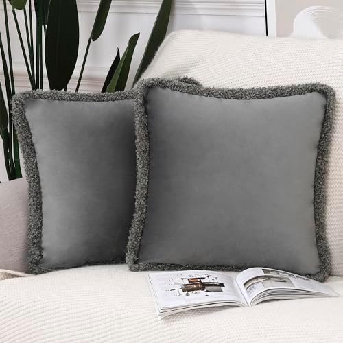 Madizz Set of 2 Velvet Curly Fringed Throw Pillow Covers with Tassels 18x18 Inch Grey Soft Decorative Cushion Cover for Sofa Bedroom Pillow Shell