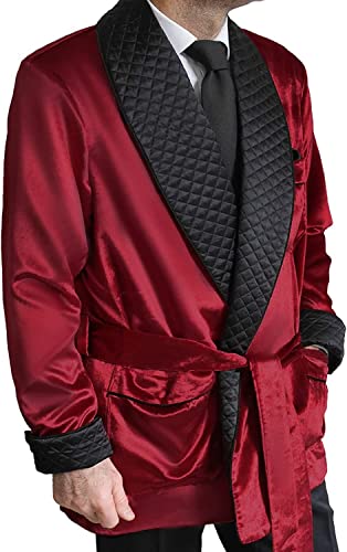 SOCOOL Men's Short Velvet Smoking Robe with Belt Wedding Party Jacket Elegant Dinner Coat3