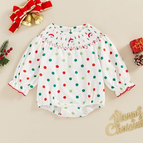 Baby Girl Smock Bubble Romper Santa Claus Embroidery Long Sleeve Crewneck Plaid Jumpsuit Toddler Christmas Outfit2