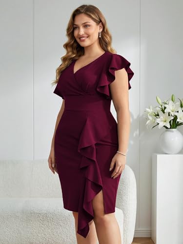 Image of Miusol Women's Plus Size Vintage V Neck Ruffles Sleeve Bodycon Business Cocktail Party Pencil Dress