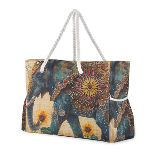 Retro Boho Elephant Sunflowers Sandproof Tote Bag Portable with side pocketes Tote Bag Women with cup holders on the side