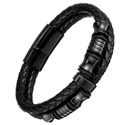 Lederarmband Herren, Schwarz Leather Bracelet 21cm Armbänder Edelstahl Armband Herren Geschenk für Geburtstag Valentinstag