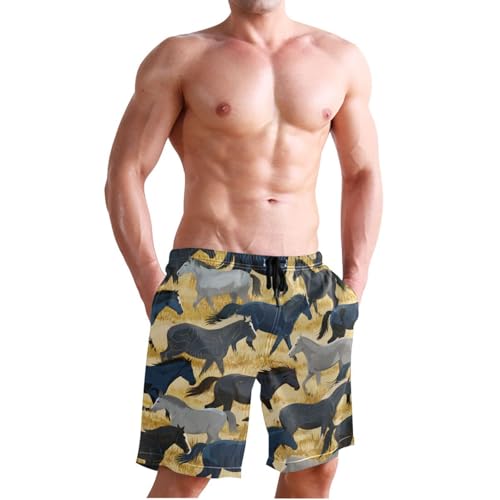 Men's Swim Trunks Quick Dry Swimming Shorts with Pocket Horses Running on Golden Background Swimsuit Trunks3