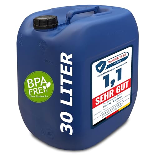 plasteo® 30 Liter Getränke- Wasserkanister mit Schraubdeckel (DIN 61) | BPA Frei | Lebensmittelecht | Tragbar und Robust | Indoor und Outdoor | Made in DE | Blau