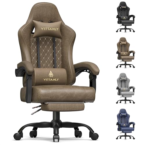 Vittanly Gaming Stuhl mit Frühling Kissen, Ergonomischer Gaming Chair Gamer Stuhl mit Kopfstütze, Lendenkissen und Fußstütze, Höhenverstellbarer Drehbarer Gaming Sessel Bürostuhl 150 kg, Braun