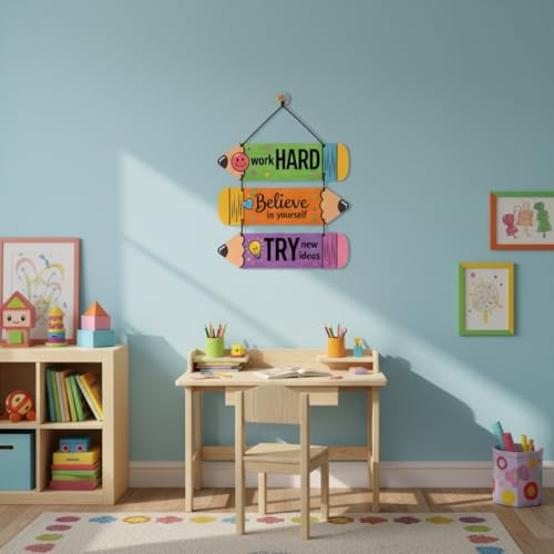 Image of Motivational Wooden Wall Hanging Quotes - Work Hard, Believe in Yourself, Try New Ideas | Colourful Pencil Design MDF Inspirational Wall Decor for Kids Room, Study & Office