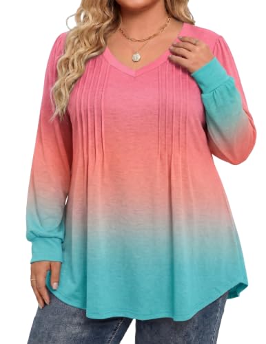 Image of IN'VOLAND Womens Plus Size Shirts V Neck Puff Long Sleeve Tops | Loose Fit, Dressy Casual Blouse, Pleated, Fall Outfits, Business Work TShirts, Basic Tees