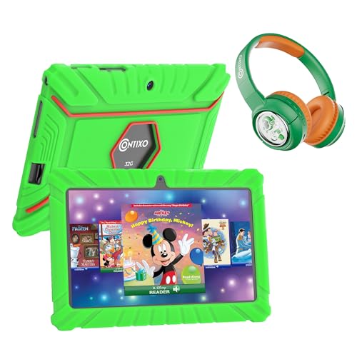 Contixo 7\" Kids Tablet Bundle - V8 Tablet for Kids & Wireless Bluetooth Headphone Bundle, Includes 50+ Disney Storybooks & Stickers, 32GB, Android, Parental Controls, Kid-Proof Case, Green