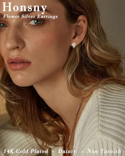Honsny Flower Pearl Silver Huggie Hoop Earrings for Women Trendy Hypoallergenic 14K Gold Plated Non Tarnish Hoops Dainty Cute CZ Bridal Bridesmaid Earrings Waterproof Jewelry Birthday Gifts — view 2