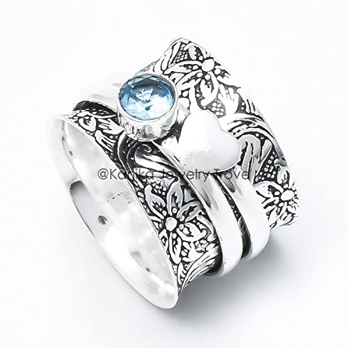 Flower Texture Spinner Ring Blue Topaz Ring, Solid 925 Sterling Silver Ring, Heart Design Ring, Spinner Ring, Oxidized Ring, Statement Ring For Women Gift (Blue-Topaz, Size 7) #TOP1