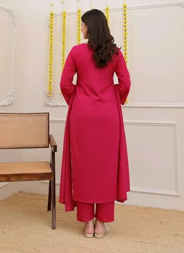 Image of ANNI Designer Pure Cotton Embroidered Kurta Set for Women | Rust Orange Kurta with Pants & Dupatta | Floral Neck & Hem Embroidery | Cotton Kurta Set for Women | 10 Colour Options Available