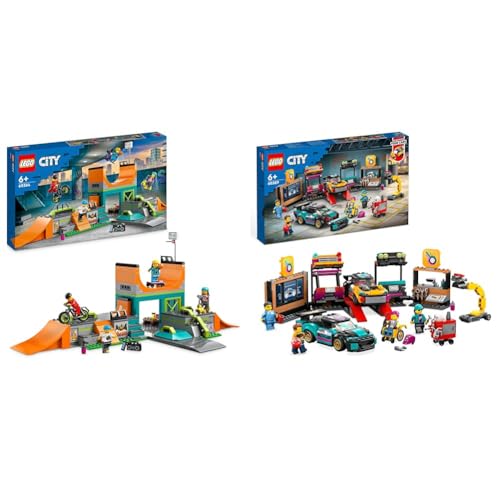 LEGO 60364 City Street Skate Park Set, Toy For Kids Aged 6 Plus Years Old with BMX Bike, Skateboard & 60389 City Custom Car Garage Toy Set with 2 Customisable Cars, Mechanic Workshop and 4 Minifigures