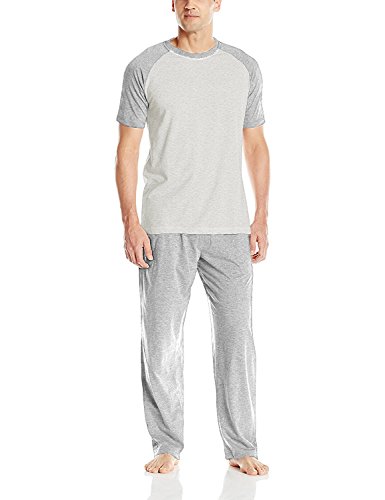 Hanes Men's Adult X-Temp Short Sleeve Cotton Raglan Shirt and Pants Pajamas Pjs Sleepwear Lounge Set - Grey (Large)