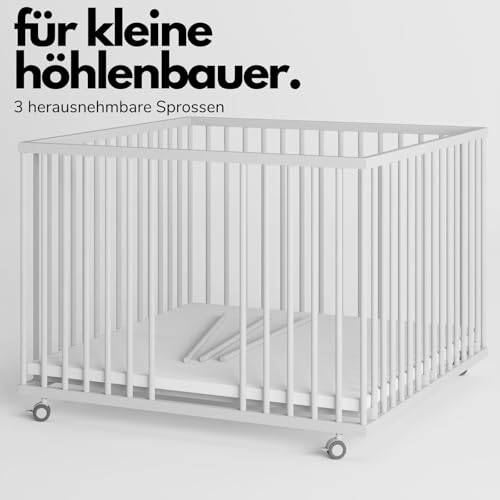 Sämann® Laufgitter 100x100 cm mit Matratze und Schlupfsprossen, stufenlos höhenverstellbar, Baby Laufstall, Buche, gummierte Rollen, Buche weiß lackiert