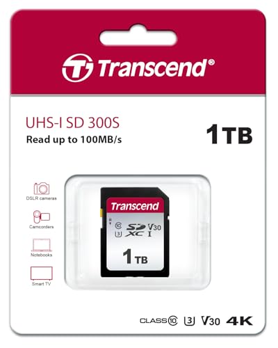 Image of Transcend SDC300S 1TB SDXC SD Card, UHS-I U3 V30, 4K UHD & Full HD for DSLR Cameras /Digital Cameras /Trail Cameras /Camcorder, Up to 100MB /s, Class 10 High-Speed Memory Card